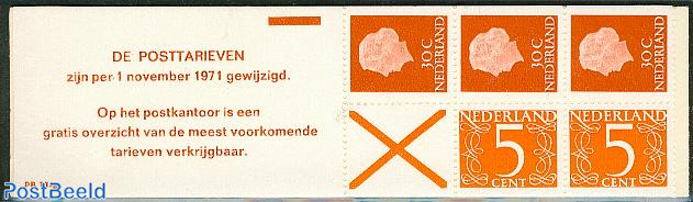 vanavond Postbode Bonus Postzegel 1971, Nederland 2x5,3x30c booklet, text: DE POSTTARIEVEN zijn  per, 1971 - Filatelie - Freestampcatalogue.nl - Gratis postzegel catalogus,  bekijk postzegels en waarde